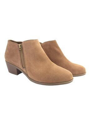 VIONIC Shyanne Suede Ankle Booties Toffee Brown Side Zip Block Heel - Size 7.5